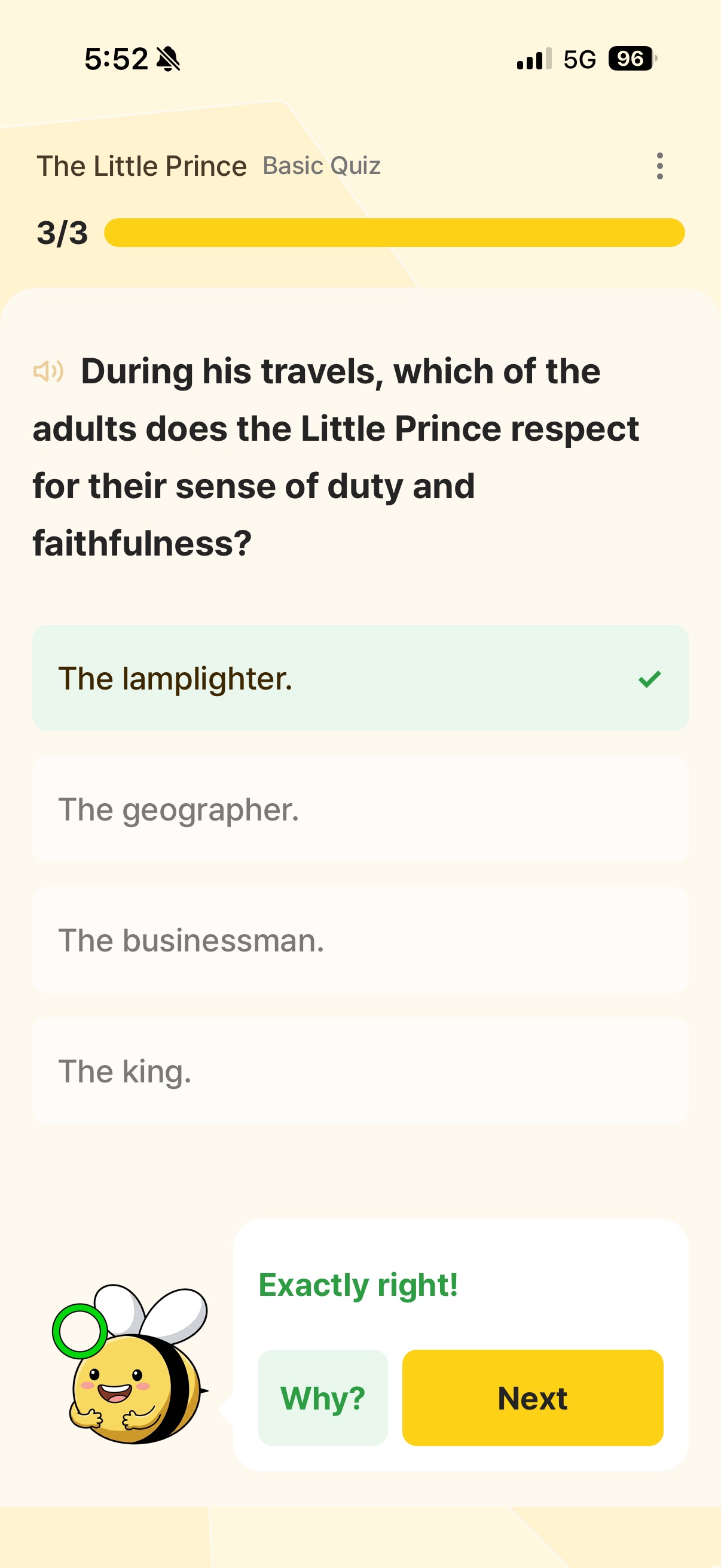 A book-specific comprehension quiz in the BeeLit app