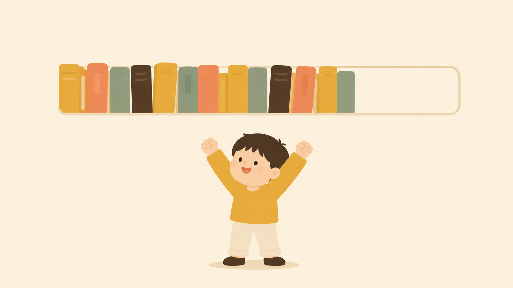 A reading shelf filling up with finished books next to a happy child