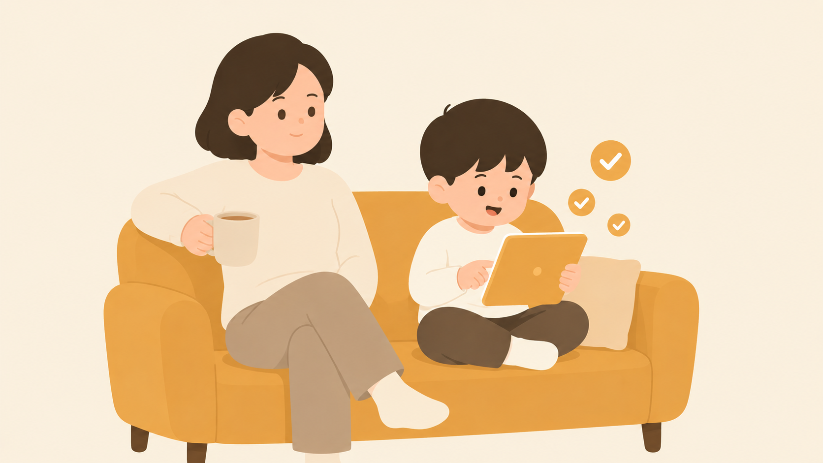 A child taking a quiz on a tablet while a parent rests on the couch